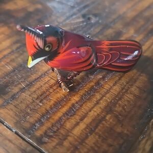 Vintage Takahashi Cardinal Genuine Carved Wood Bird Brooch 70's 1970's Estate